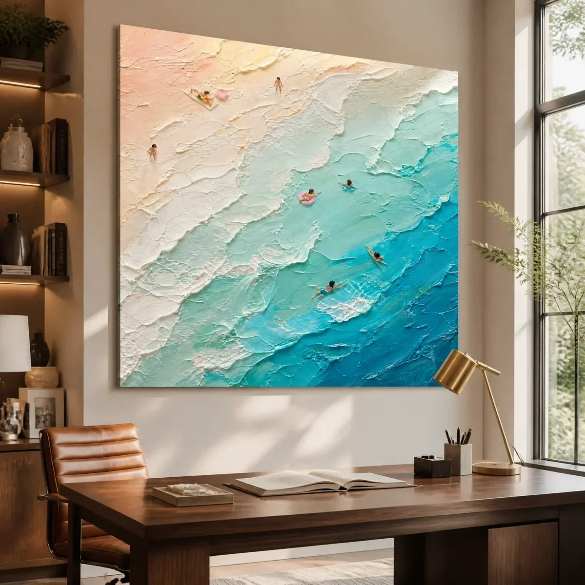 Turquoise Descent hand-painted turquoise and ivory textured seascape painting rolled canvas option