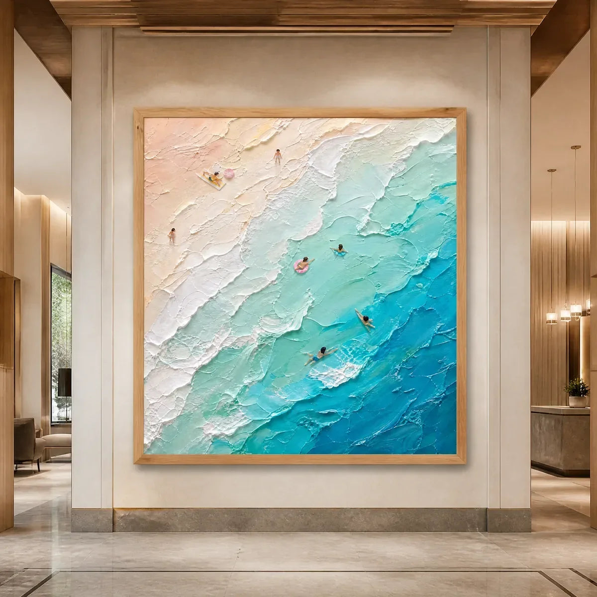 Turquoise Descent hand-painted turquoise and ivory textured seascape painting rolled canvas option