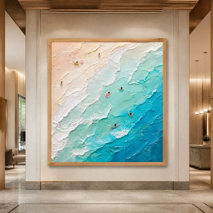 Turquoise Descent hand-painted turquoise and ivory textured seascape painting rolled canvas option