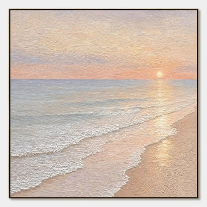 Rosewater Horizon hand-painted ocean blue, ivory and soft neutral tones textured sunset seascape painting rolled canvas option