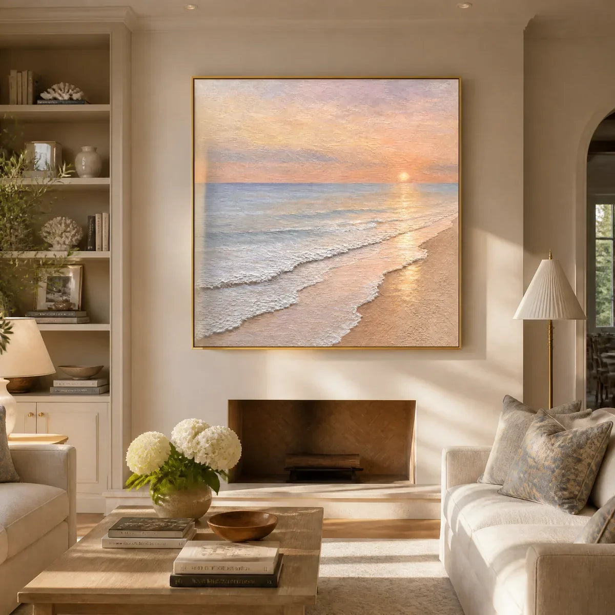 Rosewater Horizon hand-painted ocean blue, ivory and soft neutral tones textured sunset seascape painting rolled canvas option