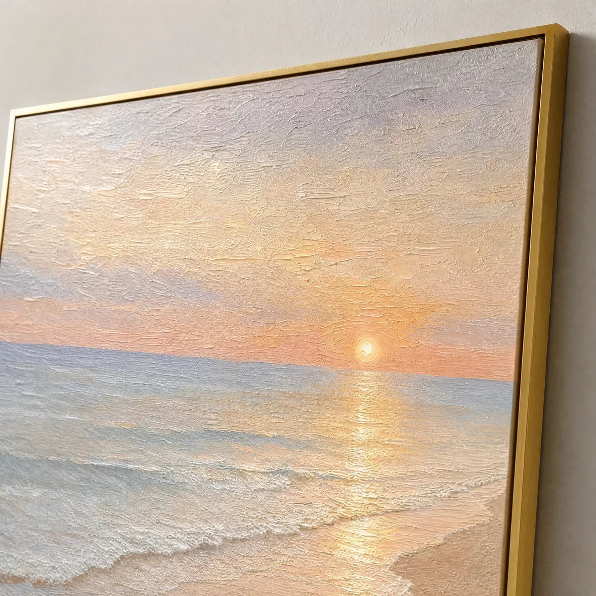 Rosewater Horizon hand-painted ocean blue, ivory and soft neutral tones textured sunset seascape painting rolled canvas option
