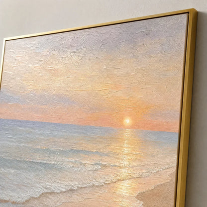 Rosewater Horizon hand-painted ocean blue, ivory and soft neutral tones textured sunset seascape painting rolled canvas option
