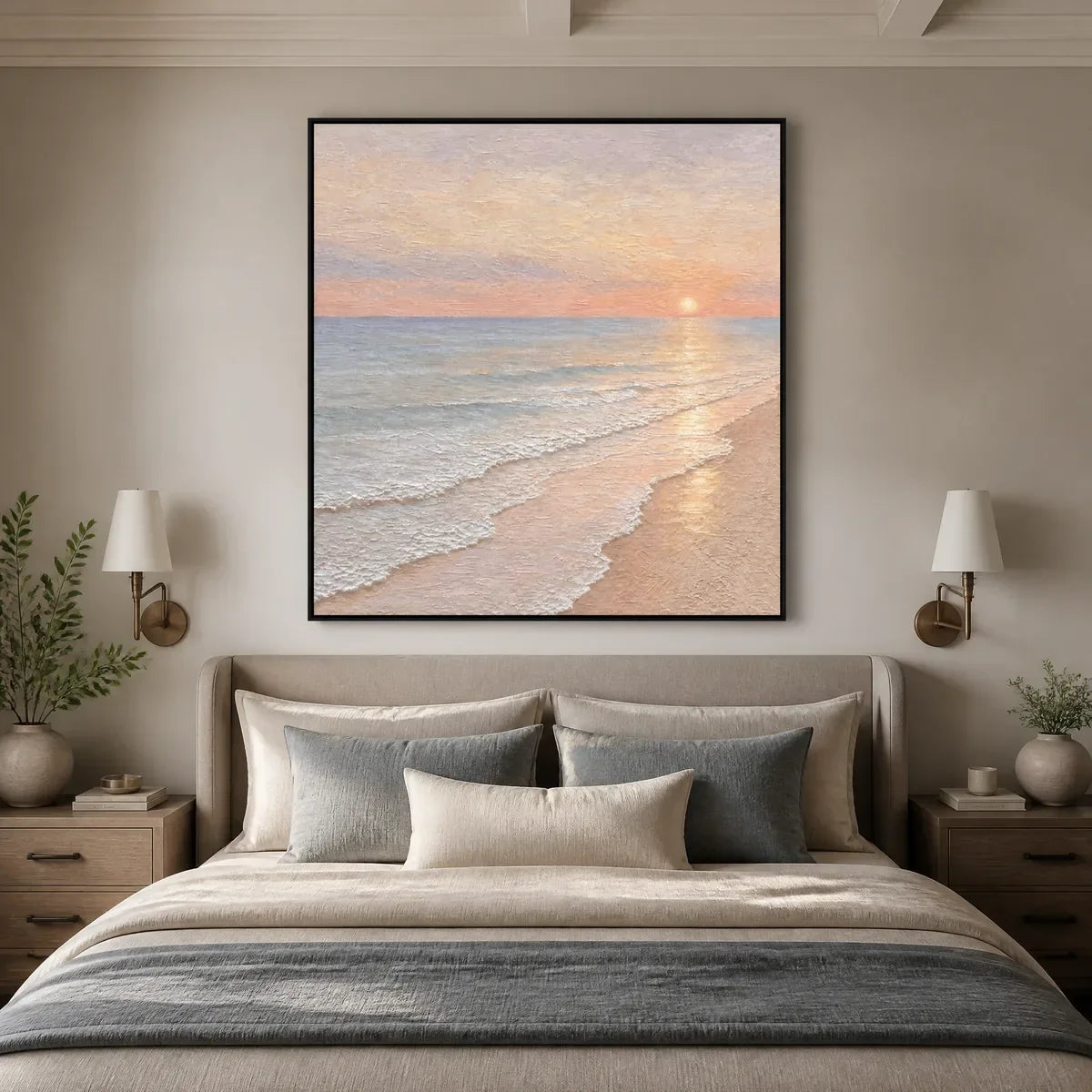 Rosewater Horizon hand-painted ocean blue, ivory and soft neutral tones textured sunset seascape painting rolled canvas option