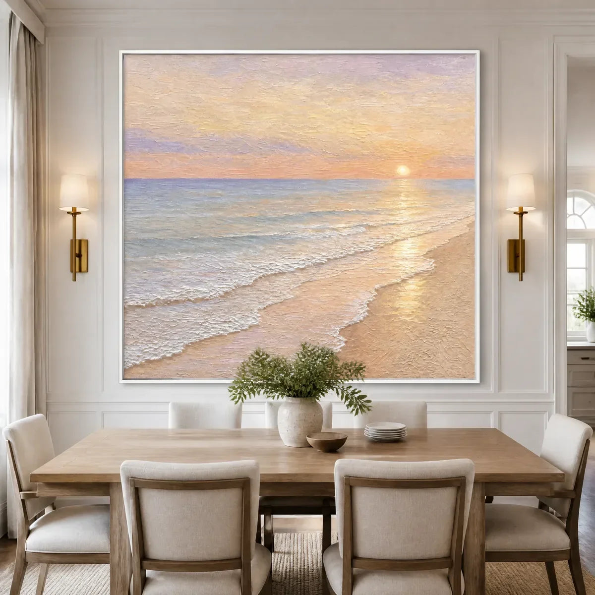 Rosewater Horizon hand-painted ocean blue, ivory and soft neutral tones textured sunset seascape painting rolled canvas option