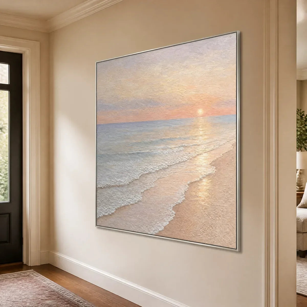 Rosewater Horizon hand-painted ocean blue, ivory and soft neutral tones textured sunset seascape painting rolled canvas option