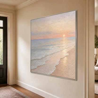 Rosewater Horizon hand-painted ocean blue, ivory and soft neutral tones textured sunset seascape painting rolled canvas option