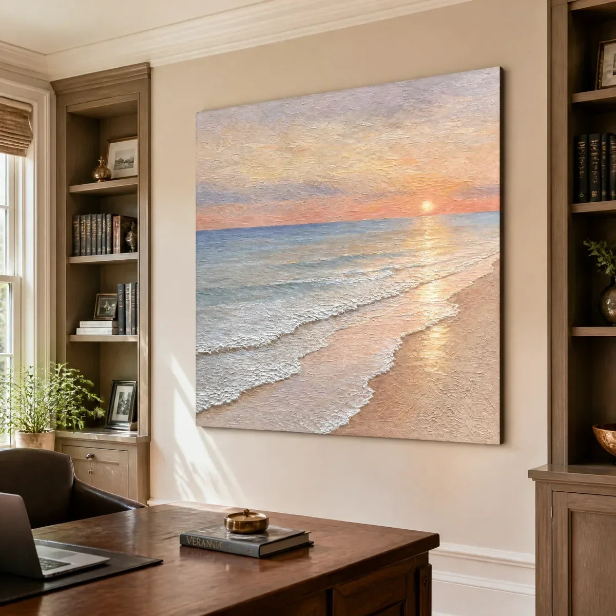 Rosewater Horizon hand-painted ocean blue, ivory and soft neutral tones textured sunset seascape painting rolled canvas option