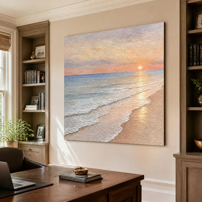 Rosewater Horizon hand-painted ocean blue, ivory and soft neutral tones textured sunset seascape painting rolled canvas option
