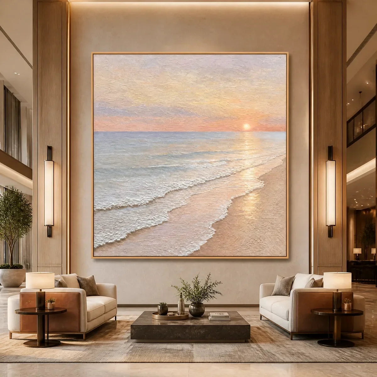 Rosewater Horizon hand-painted ocean blue, ivory and soft neutral tones textured sunset seascape painting rolled canvas option