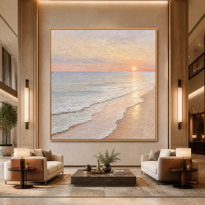 Rosewater Horizon hand-painted ocean blue, ivory and soft neutral tones textured sunset seascape painting rolled canvas option