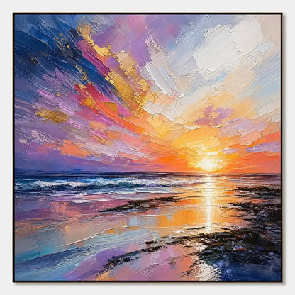 Prism Sunset hand-painted ocean blue, ivory and soft neutral tones textured sunset seascape painting rolled canvas option