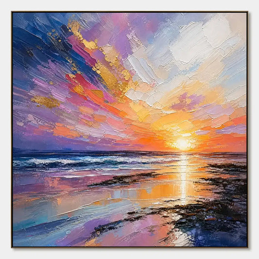 Prism Sunset hand-painted ocean blue, ivory and soft neutral tones textured sunset seascape painting rolled canvas option