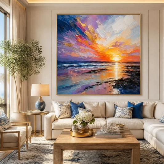 Prism Sunset hand-painted ocean blue, ivory and soft neutral tones textured sunset seascape painting rolled canvas option