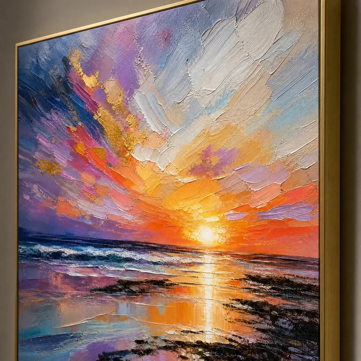 Prism Sunset hand-painted ocean blue, ivory and soft neutral tones textured sunset seascape painting rolled canvas option