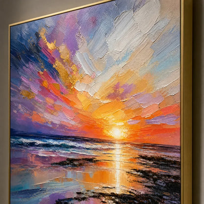 Prism Sunset hand-painted ocean blue, ivory and soft neutral tones textured sunset seascape painting rolled canvas option