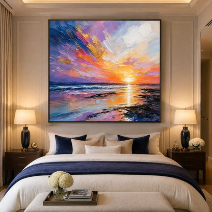 Prism Sunset hand-painted ocean blue, ivory and soft neutral tones textured sunset seascape painting rolled canvas option