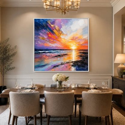 Prism Sunset hand-painted ocean blue, ivory and soft neutral tones textured sunset seascape painting rolled canvas option