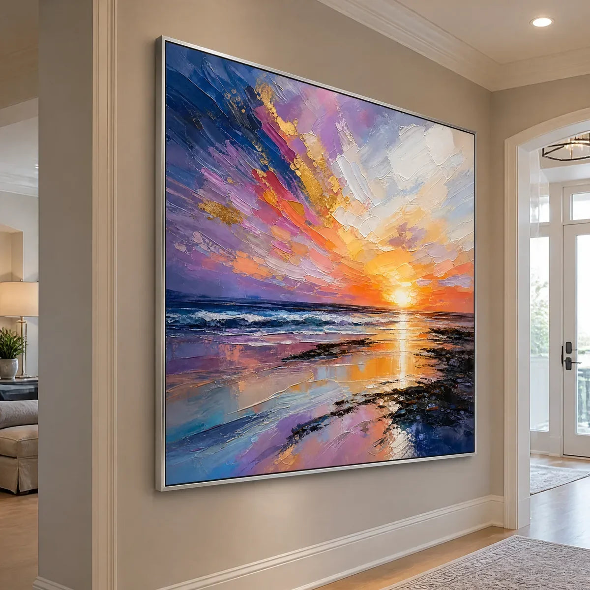 Prism Sunset hand-painted ocean blue, ivory and soft neutral tones textured sunset seascape painting rolled canvas option