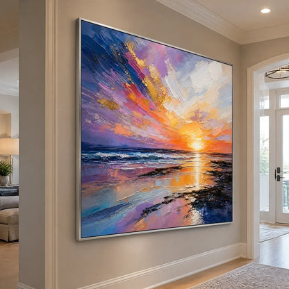 Prism Sunset hand-painted ocean blue, ivory and soft neutral tones textured sunset seascape painting rolled canvas option
