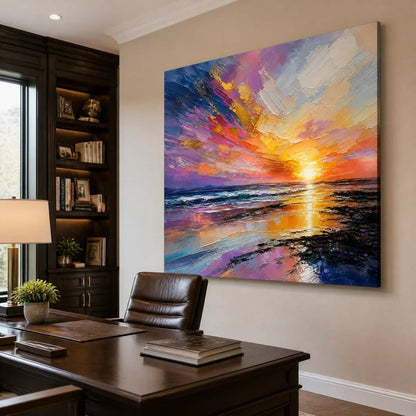 Prism Sunset hand-painted ocean blue, ivory and soft neutral tones textured sunset seascape painting rolled canvas option