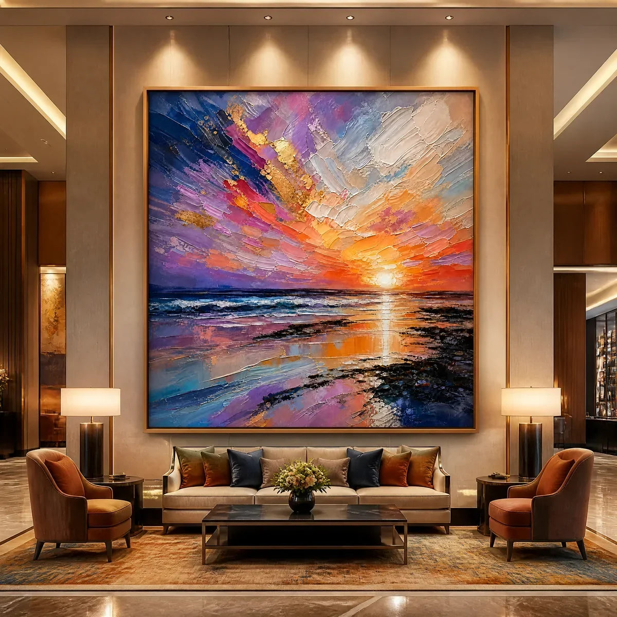 Prism Sunset hand-painted ocean blue, ivory and soft neutral tones textured sunset seascape painting rolled canvas option