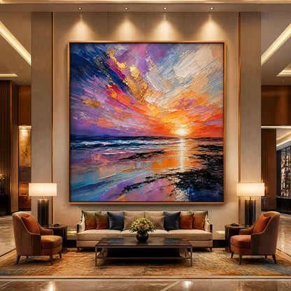 Prism Sunset hand-painted ocean blue, ivory and soft neutral tones textured sunset seascape painting rolled canvas option