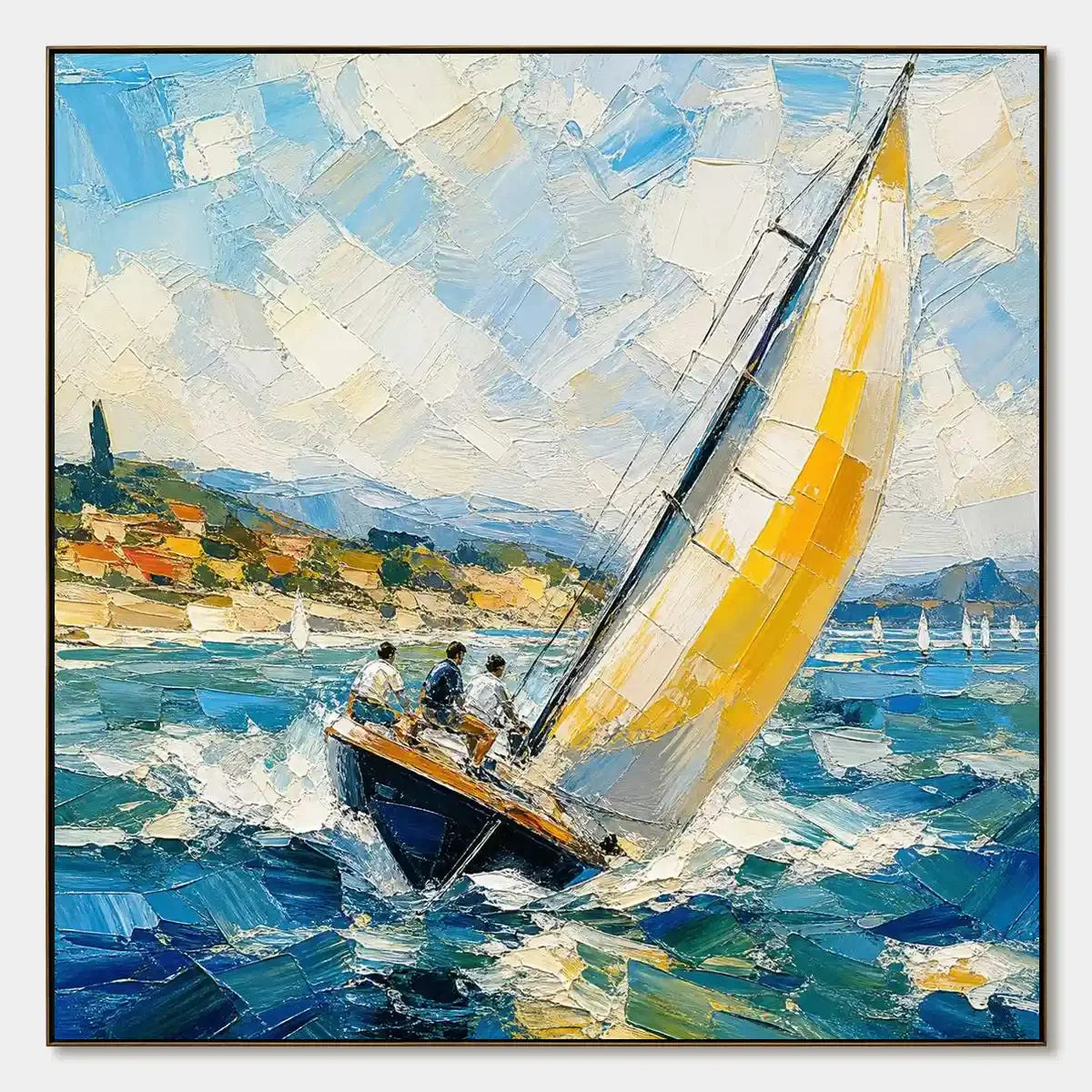 Golden Sail hand-painted gold and ivory textured sailboat seascape painting rolled canvas option