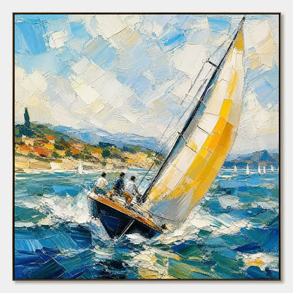 Golden Sail hand-painted gold and ivory textured sailboat seascape painting rolled canvas option