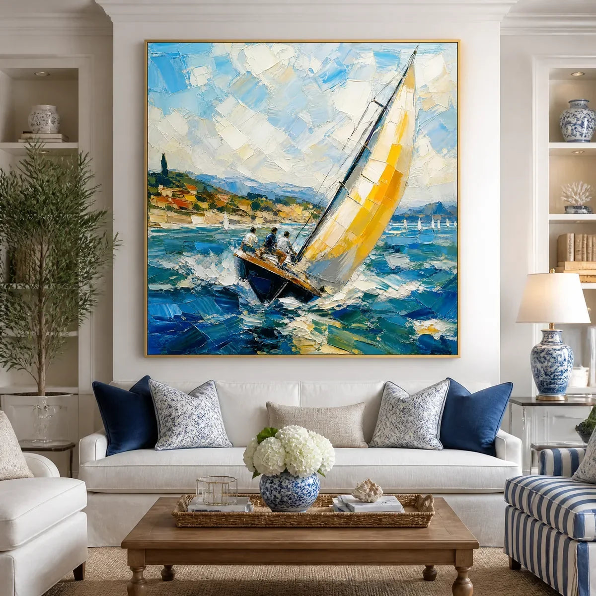 Golden Sail hand-painted gold and ivory textured sailboat seascape painting rolled canvas option