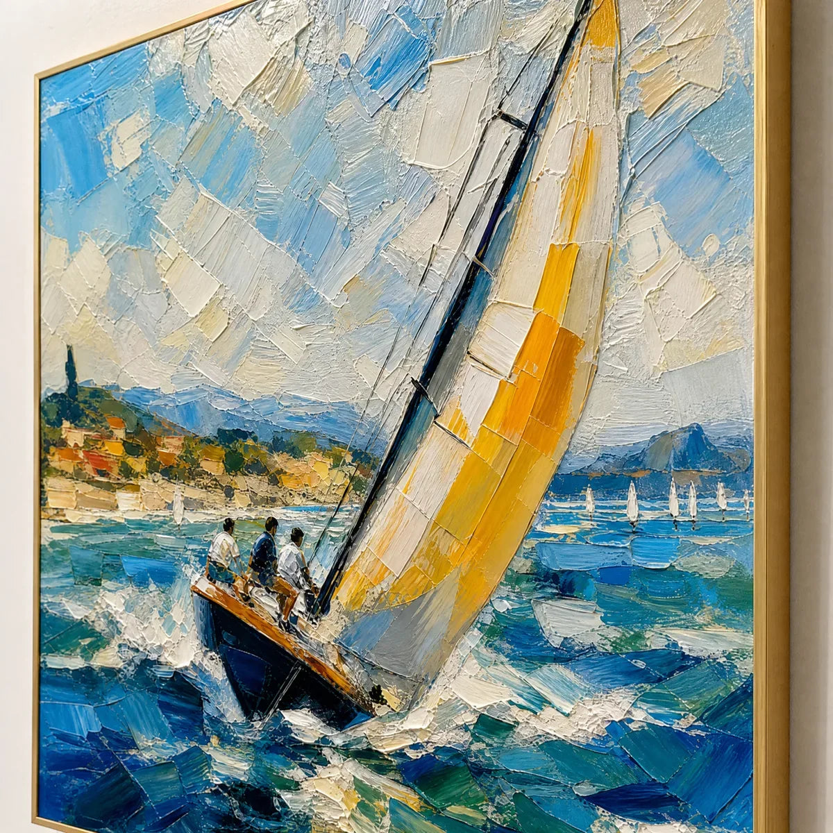 Golden Sail hand-painted gold and ivory textured sailboat seascape painting rolled canvas option
