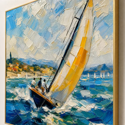 Golden Sail hand-painted gold and ivory textured sailboat seascape painting rolled canvas option