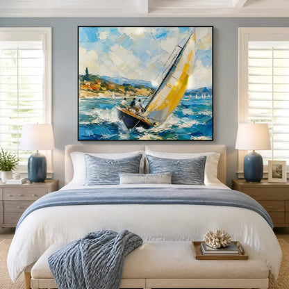 Golden Sail hand-painted gold and ivory textured sailboat seascape painting rolled canvas option