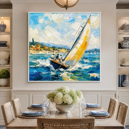 Golden Sail hand-painted gold and ivory textured sailboat seascape painting rolled canvas option