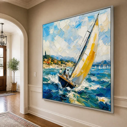Golden Sail hand-painted gold and ivory textured sailboat seascape painting rolled canvas option
