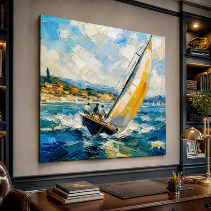 Golden Sail hand-painted gold and ivory textured sailboat seascape painting rolled canvas option