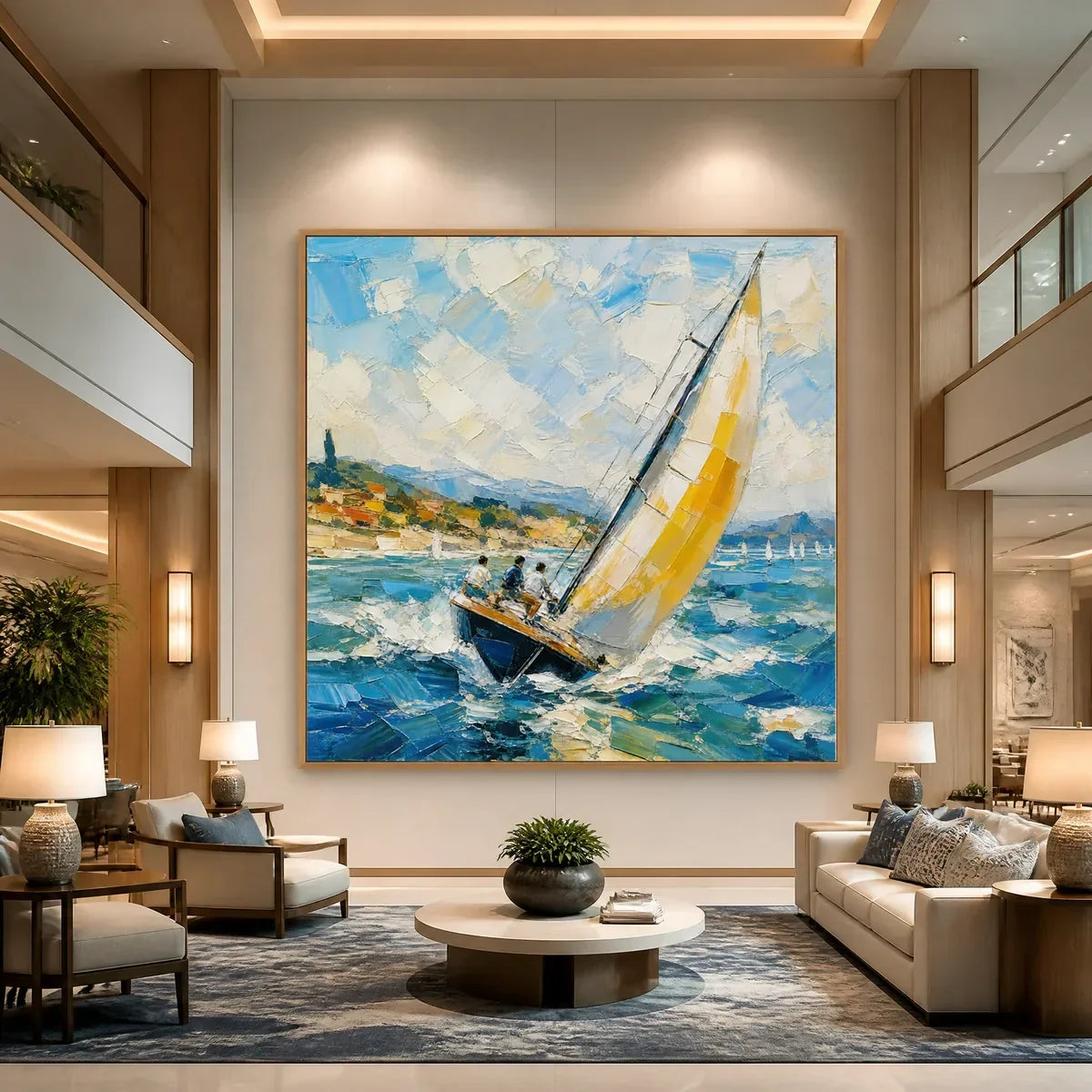 Golden Sail hand-painted gold and ivory textured sailboat seascape painting rolled canvas option