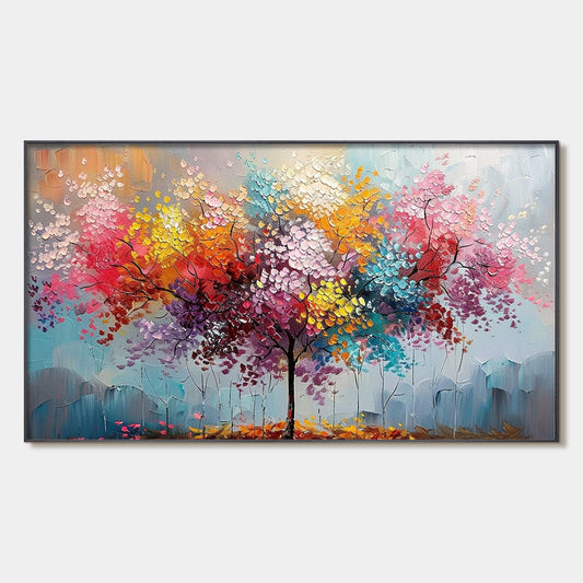 Kaleidoscope Dream hand-painted crimson, golden yellow, turquoise and violet textured tree painting rolled canvas option