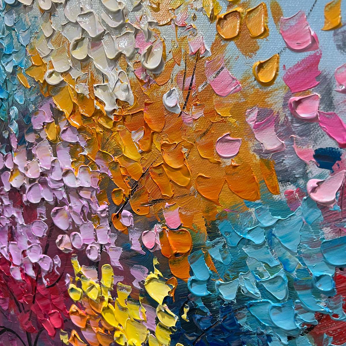 Kaleidoscope Dream hand-painted crimson, golden yellow, turquoise and violet textured tree painting shown with gold frame