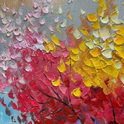 Kaleidoscope Dream hand-painted crimson, golden yellow, turquoise and violet textured tree painting shown with black frame