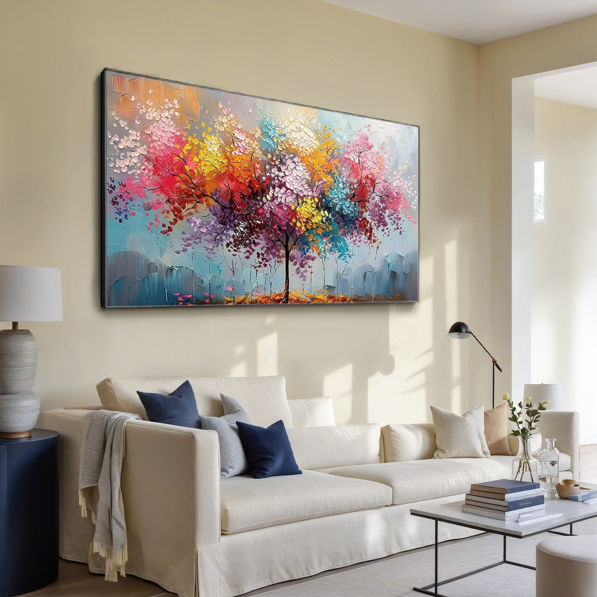 Kaleidoscope Dream hand-painted crimson, golden yellow, turquoise and violet textured tree painting shown with white frame