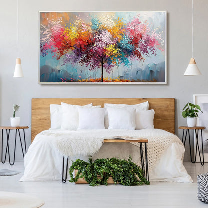 Kaleidoscope Dream hand-painted crimson, golden yellow, turquoise and violet textured tree painting shown with wood frame