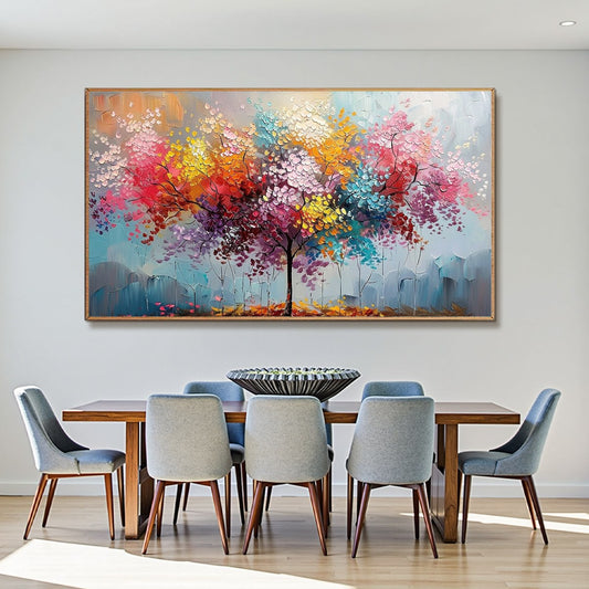 Kaleidoscope Dream hand-painted crimson, golden yellow, turquoise and violet textured tree painting shown as stretched canvas