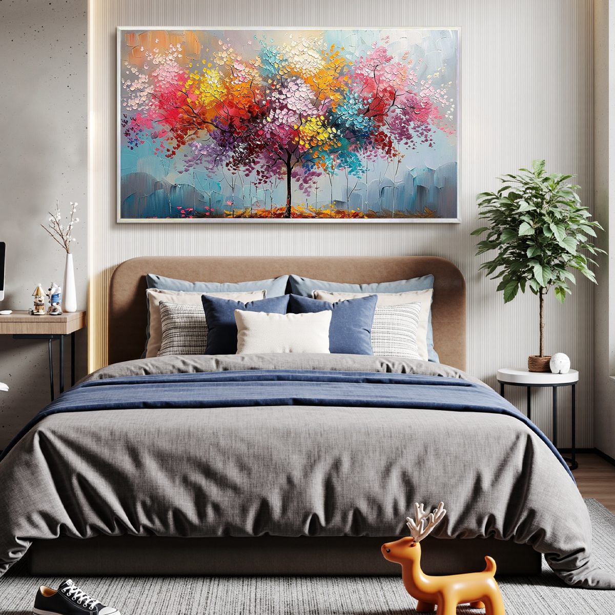 Kaleidoscope Dream hand-painted crimson, golden yellow, turquoise and violet textured tree painting rolled canvas option