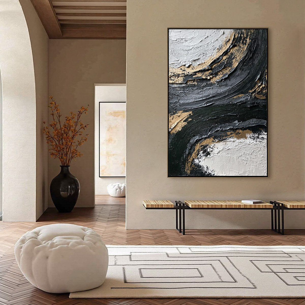 Kintsugi Rift hand-painted white, soft grey, black and gold textured coastal landscape painting shown with silver frame