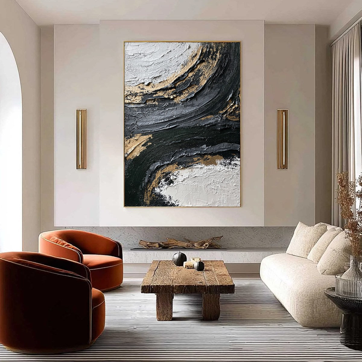 Kintsugi Rift hand-painted white, soft grey, black and gold textured coastal landscape painting shown as stretched canvas