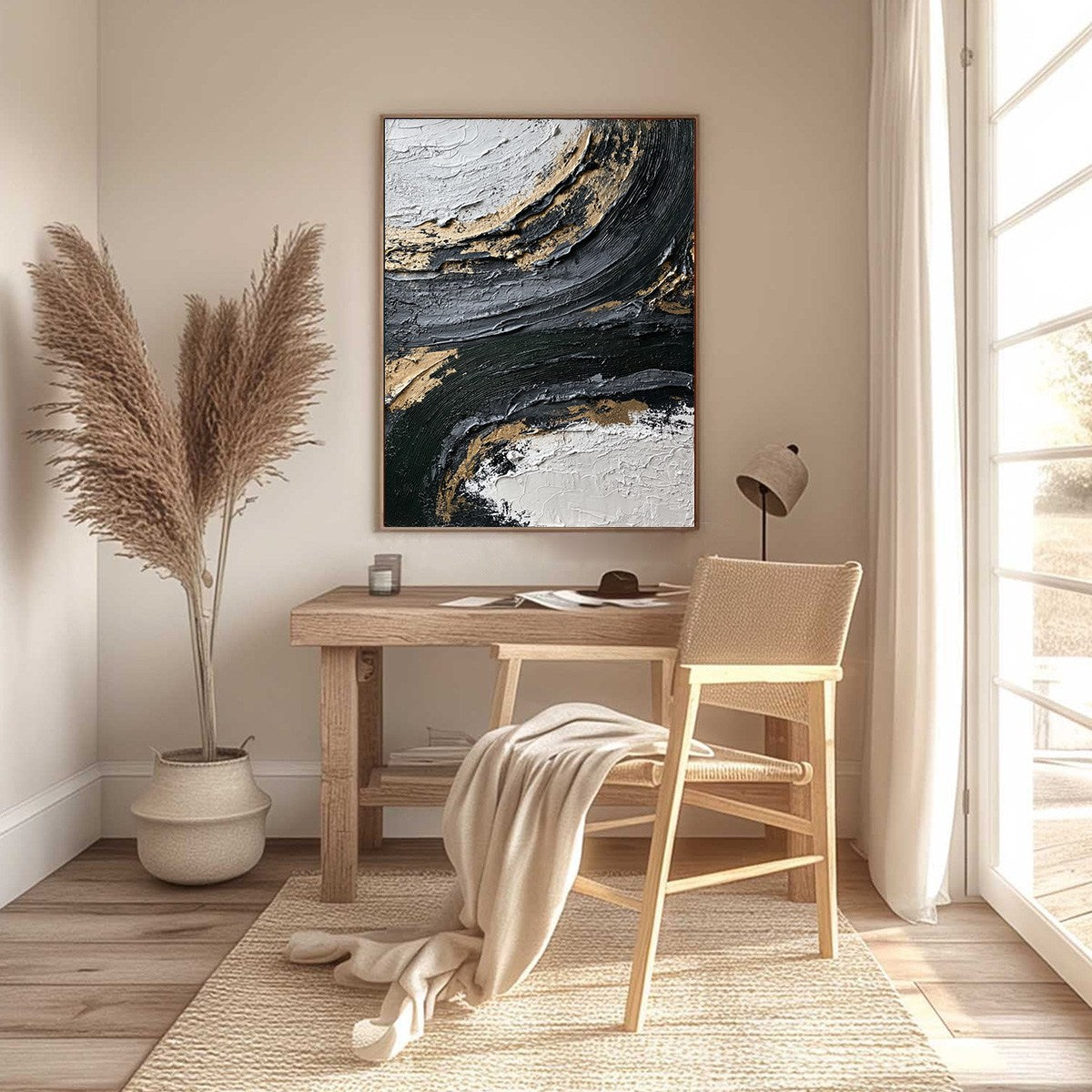 Kintsugi Rift hand-painted white, soft grey, black and gold textured coastal landscape painting shown with black frame