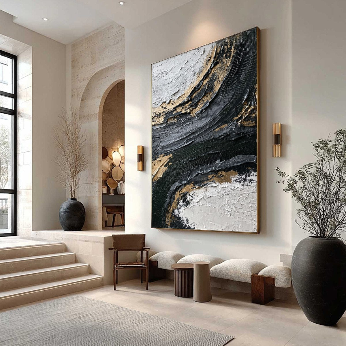 Kintsugi Rift hand-painted white, soft grey, black and gold textured coastal landscape painting shown with wood frame