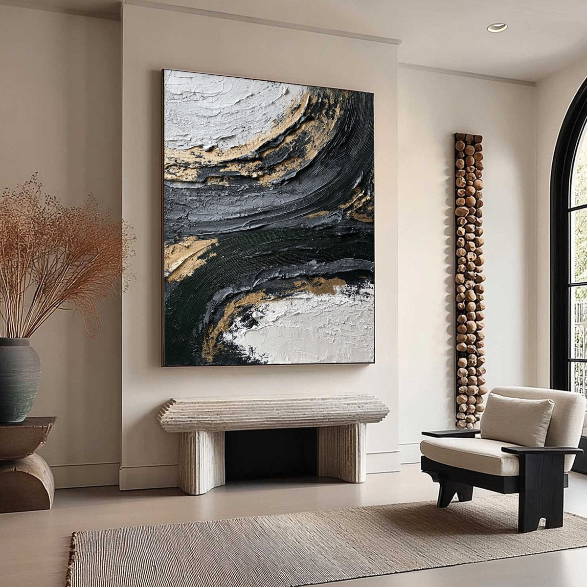 Kintsugi Rift hand-painted white, soft grey, black and gold textured coastal landscape painting rolled canvas option