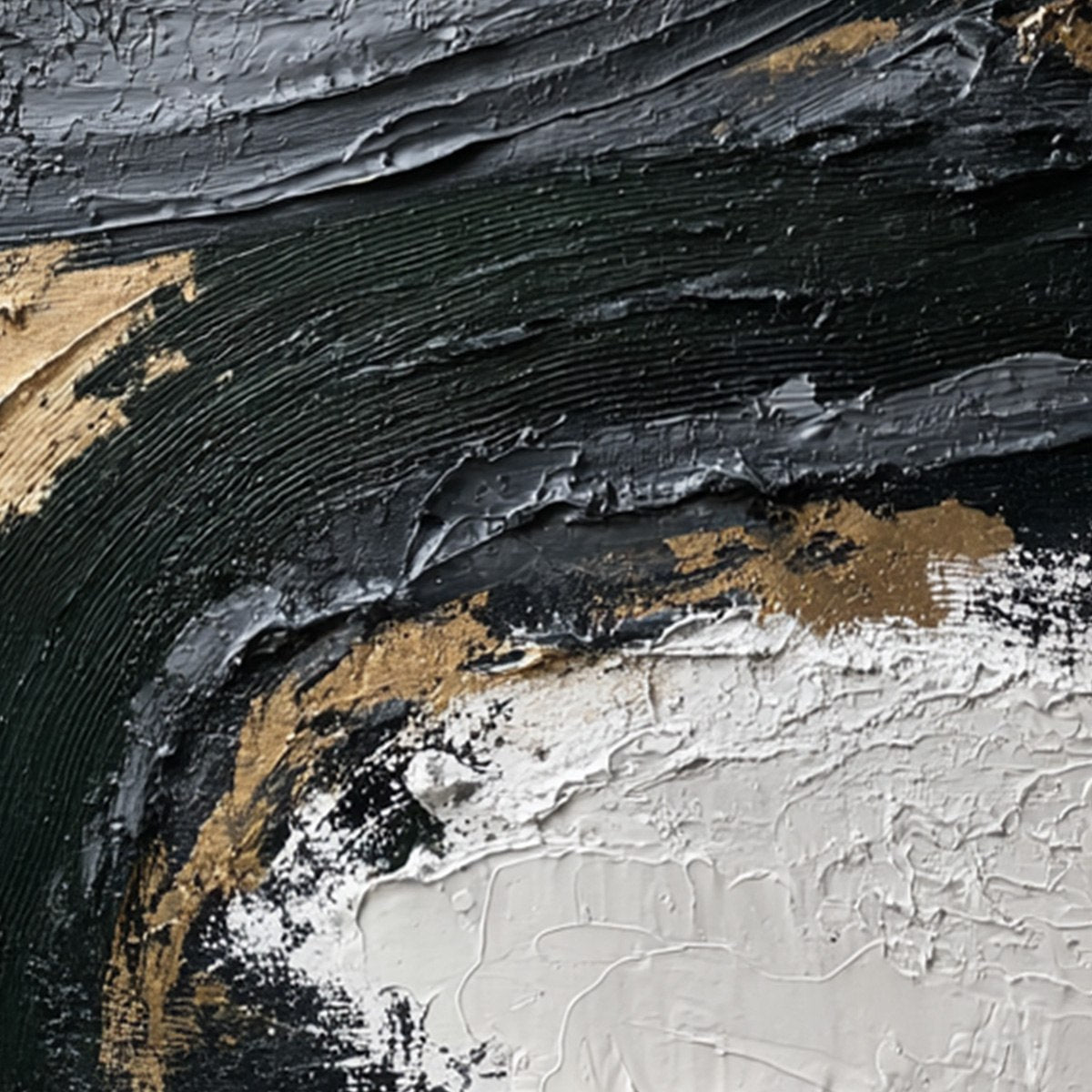 Kintsugi Rift hand-painted white, soft grey, black and gold textured coastal landscape painting shown with gold frame